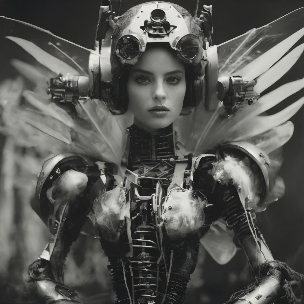 Monochrome portrait of person in futuristic mechanical suit with round goggles.