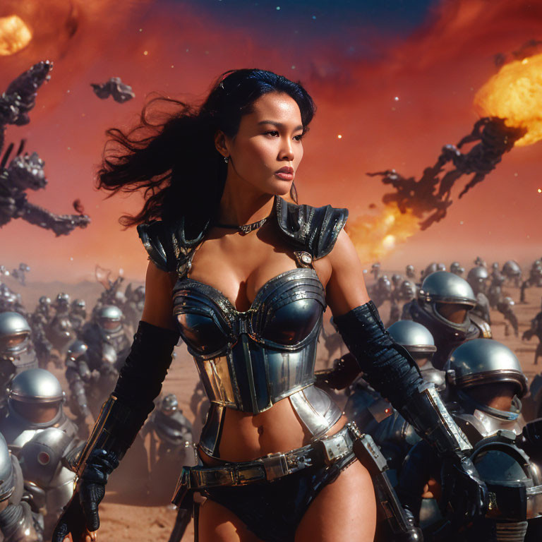 Futuristic warrior woman in armor on battlefield with troops and explosions