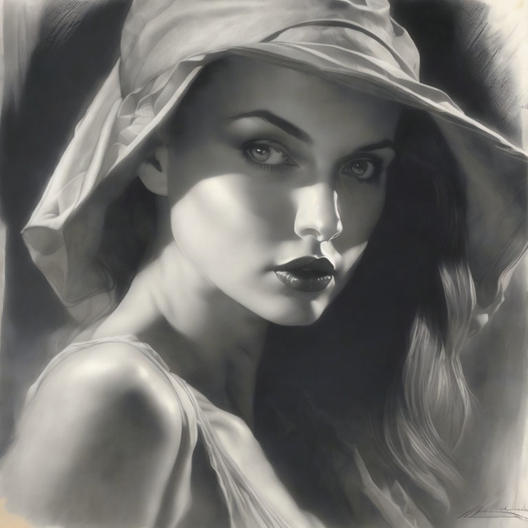 Striking monochrome portrait of woman in wide-brimmed hat