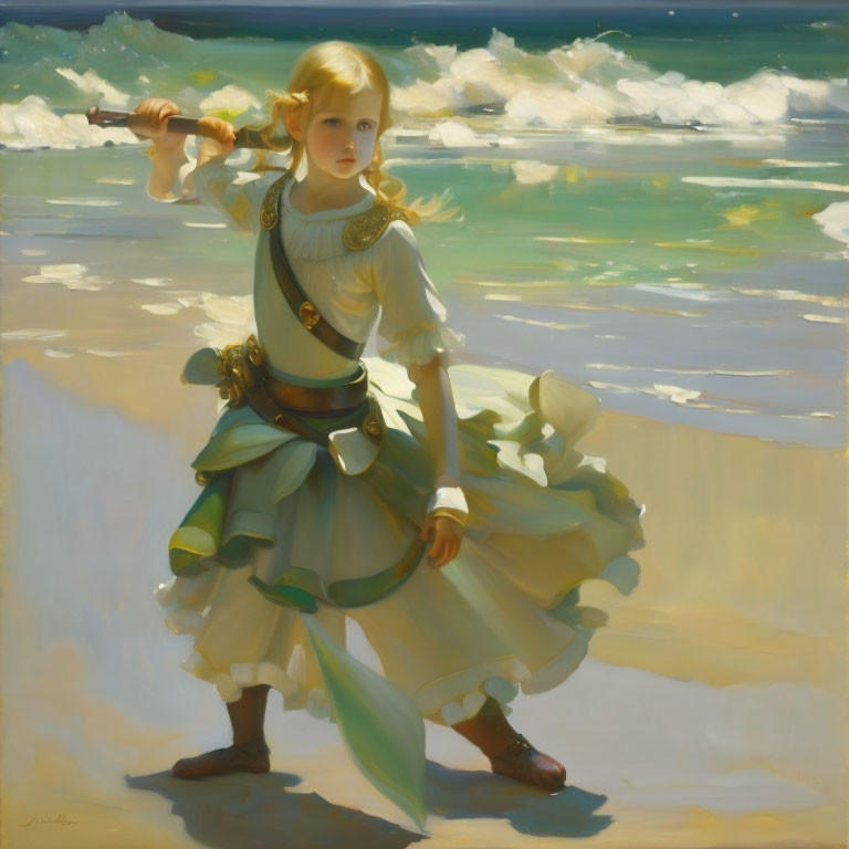 Young girl in white and green outfit with violin on beach.