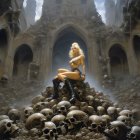 Warrior woman on skull mound in gothic cathedral setting