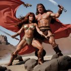 Fantasy warrior couple in desert landscape with billowing red fabric