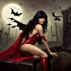 Woman in red costume with cape against moonlit gothic backdrop with bats.