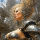 Digital artwork: Woman with blond hair in silver armor against cloudy sky