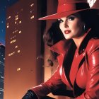 Fashionable woman in red hat and coat amid city lights at night