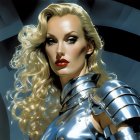 Blonde woman in futuristic silver armor with wavy hair