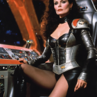 Futuristic woman in black and silver costume inside spacecraft cockpit