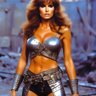 Fantasy warrior woman in metallic costume against post-apocalyptic backdrop