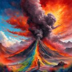 Person standing before erupting volcano in dramatic landscape