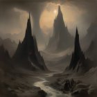 Dark fantasy landscape with towering rock spires and figures on horseback