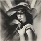 Monochrome artwork: Woman with striking eyes in wide-brimmed hat & dark outfit