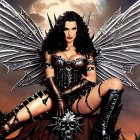 Dark Gothic Fantasy Armor Woman with Metallic Wings in Fiery Background