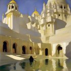 Serene oil painting of architectural scene with reflective water and solitary figure