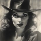 Intense gaze woman in wide-brimmed hat with feather, curly hair, bold lipstick