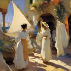 Women in white dresses and hats at sunlit seaside with sailboats and arched entryway.