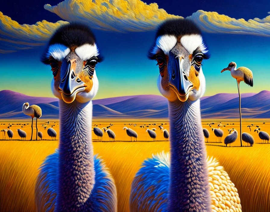 Vibrant sunset landscape with colorful ostriches