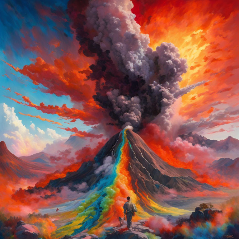 Person standing before erupting volcano in dramatic landscape