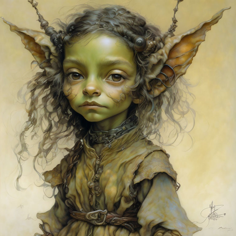 Fantasy portrait of a child with pointed ears, horns, green skin, intricate attire