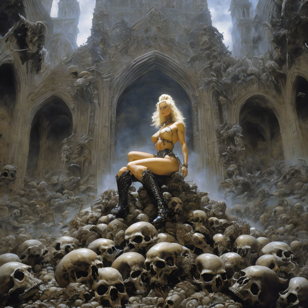 Warrior woman on skull mound in gothic cathedral setting