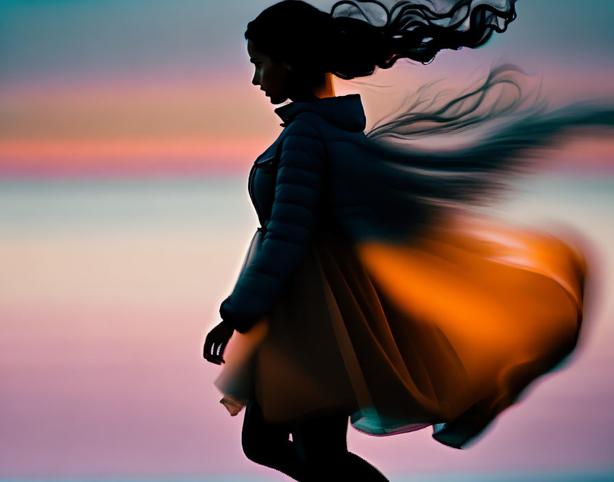 Woman's silhouette in flowing hair and dress against purple-orange sunset