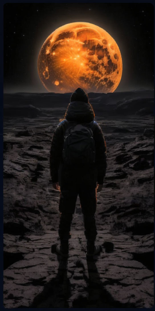 Person in winter jacket gazes at glowing orange planet on rocky terrain