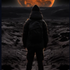 Person in winter jacket gazes at glowing orange planet on rocky terrain