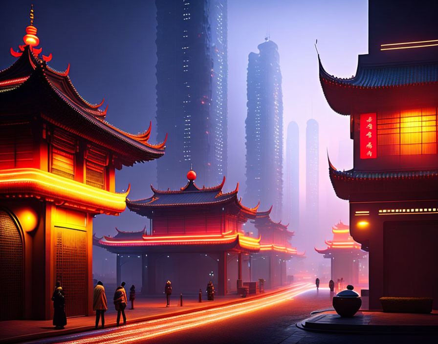 Futuristic cityscape with pagoda-style buildings and skyscrapers at dusk