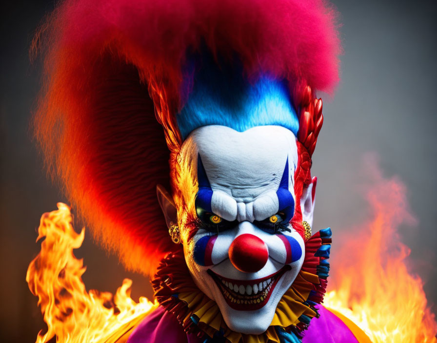 Colorful Clown with Blue and Red Hair in Flames