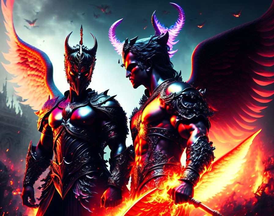 Dark armored fantasy warriors with fiery wings under dramatic sky