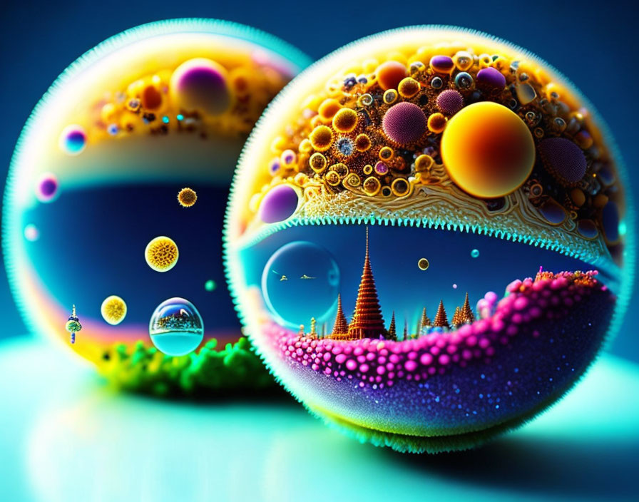 Colorful Digital Art: Floating Spheres with Intricate Designs and Miniature Landscapes