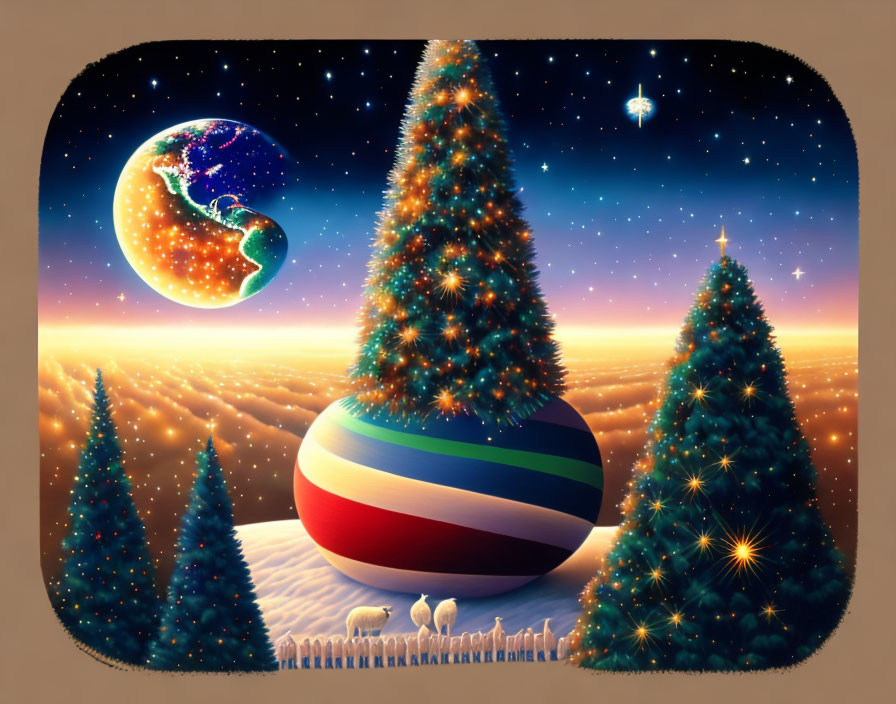 Whimsical Christmas scene with decorated trees and giant ornament