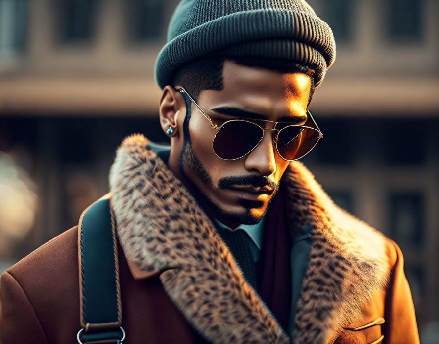 Bearded man in beanie, sunglasses, fur coat outdoors