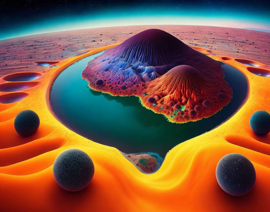 Colorful surreal landscape with lava-like flows surrounding coral structures by a green lake