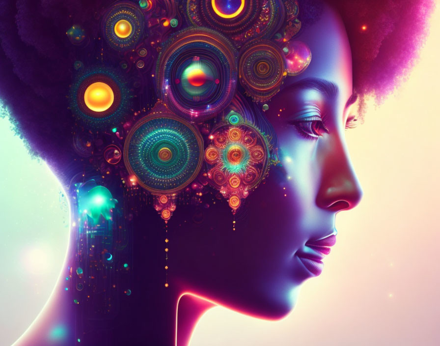 Colorful Abstract Digital Art of Woman with Technology-Inspired Afro