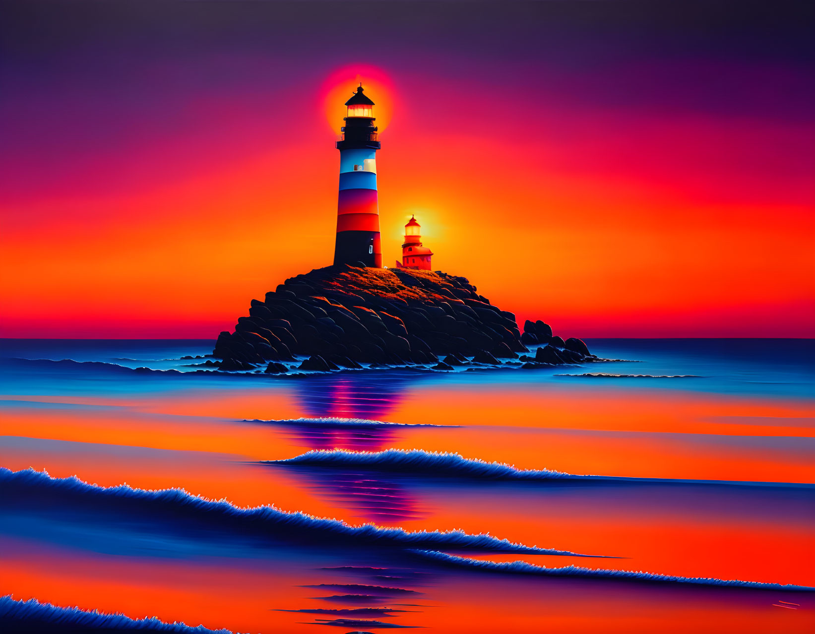 Striped lighthouse on rocky islet at sunset with red and purple sky reflected in sea