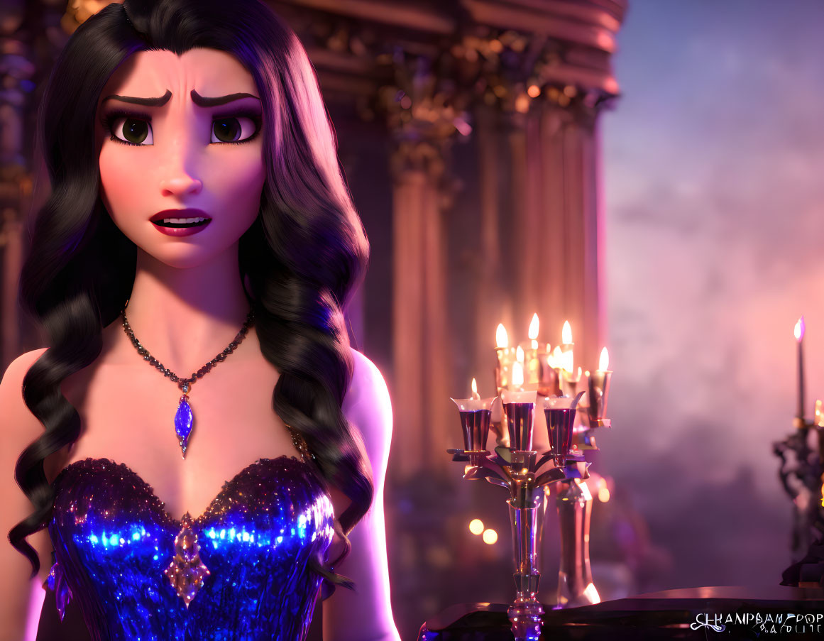 Long Black-Haired Animated Character in Blue Dress in Candlelit Room