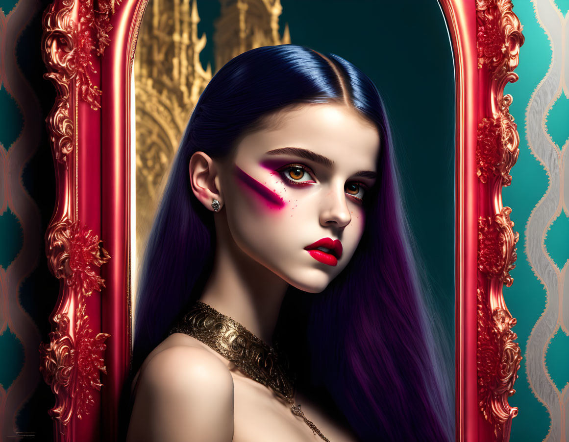 Vibrant digital artwork featuring a young woman with blue hair and pink makeup