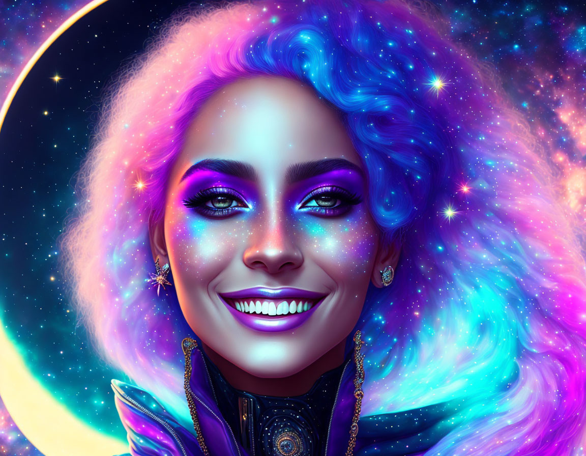 Vivid digital portrait of a woman with galaxy-themed hair and makeup.