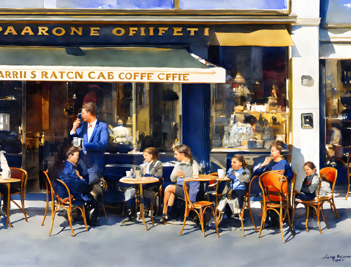 Colorful painting of people at outdoor cafe under blue sky