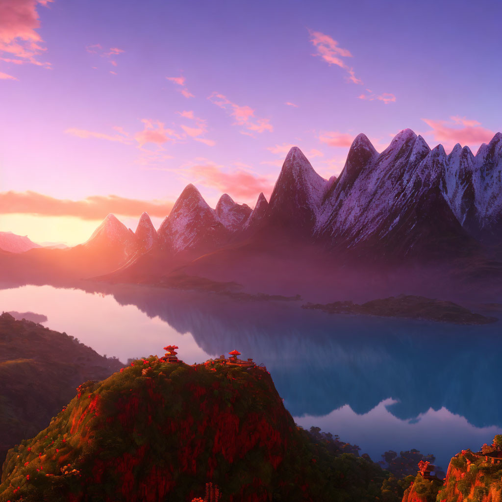 Tranquil sunset landscape with lake, mountains, and trees