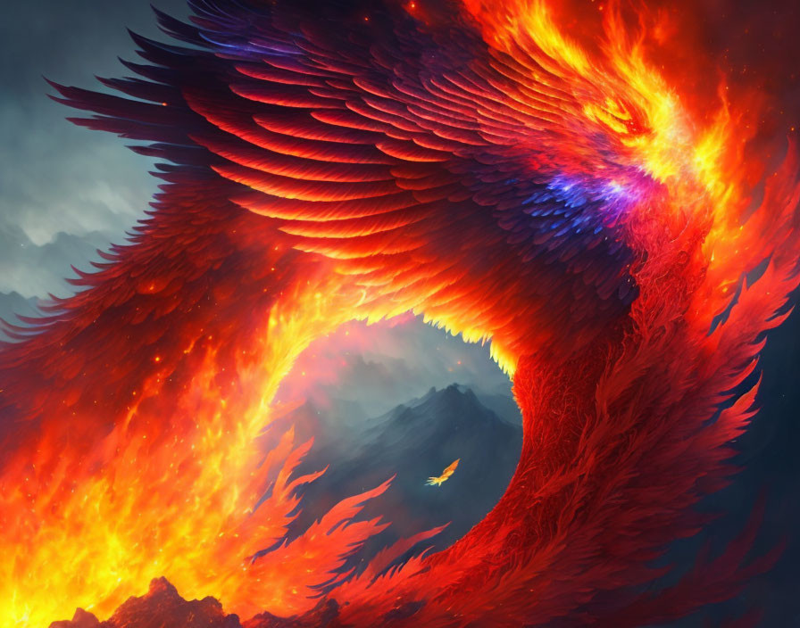 Majestic Phoenix with Fiery Wings Soaring Over Mountain Landscape