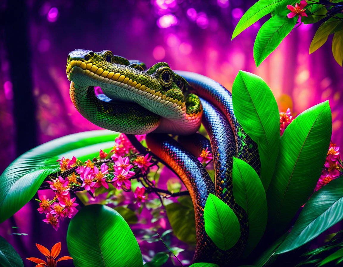 Colorful Snake Among Green Foliage and Pink Flowers in Purple Forest