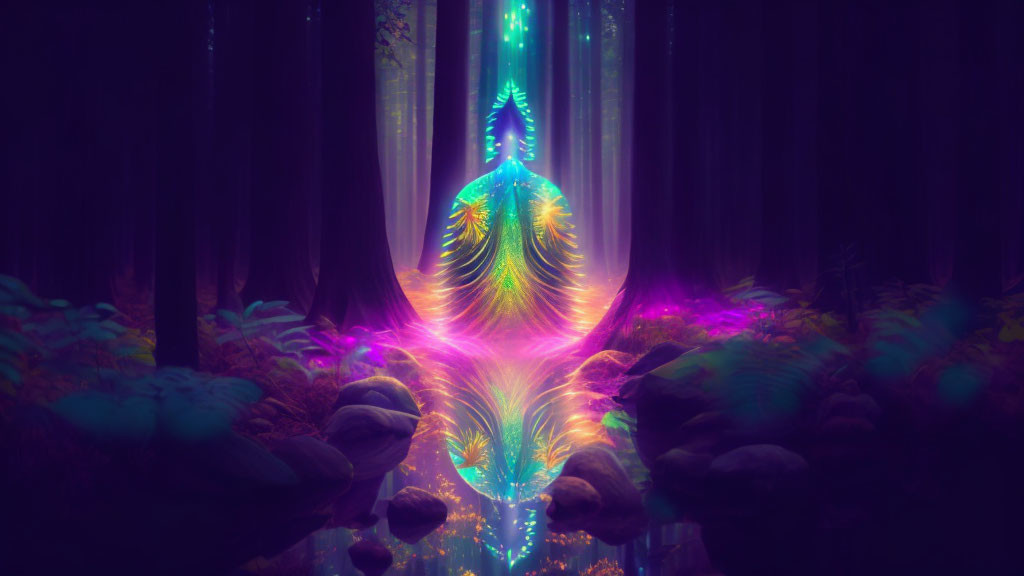 Luminous peacock entity in vibrant mystic forest