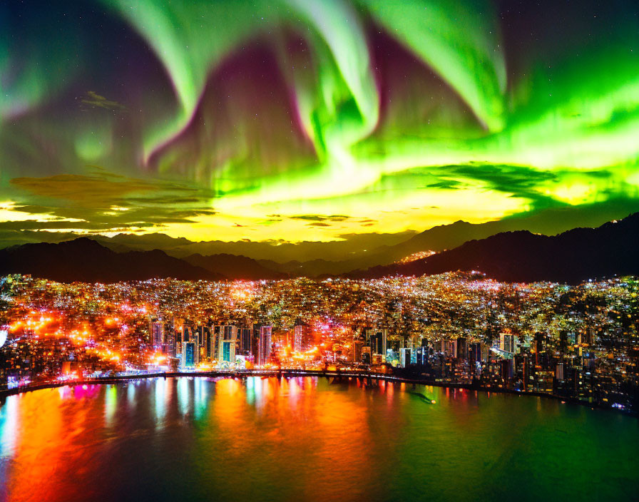 Colorful aurora borealis over cityscape, river, mountains at dusk