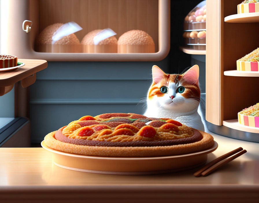 Curious cat with pizza in cozy kitchen setting