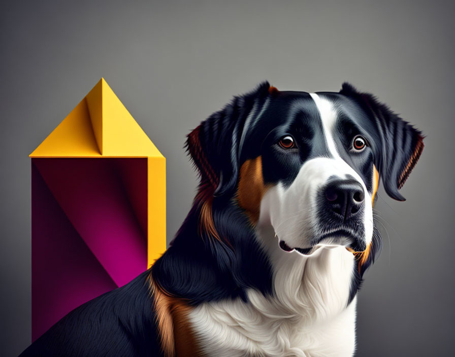 Tricolor dog with shiny coat next to 3D yellow and purple arrow
