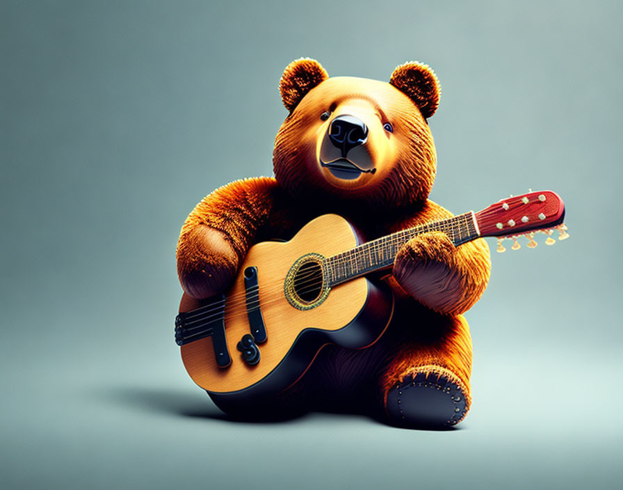 Plump Bear Playing Acoustic Guitar on Blue-gray Background