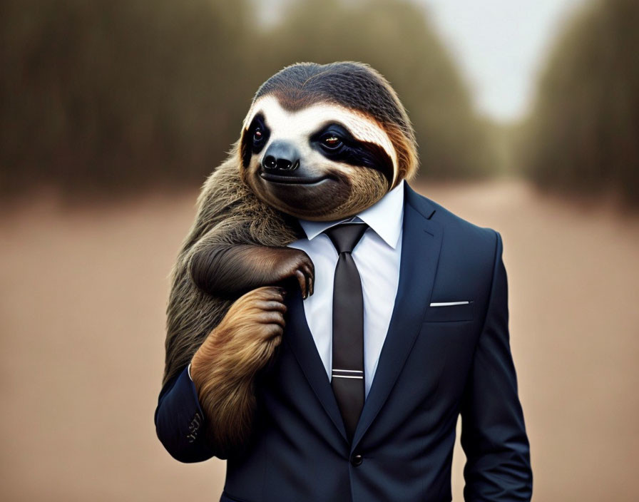 Stylized image of a confident sloth in a sharp suit on a path