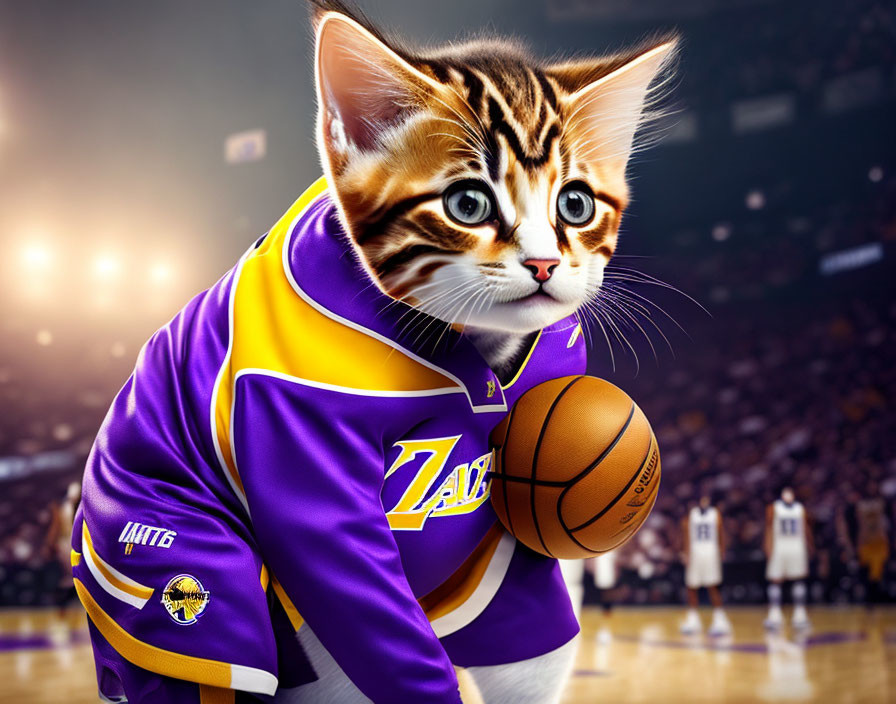 Cat in Lakers Jersey with Basketball on Court