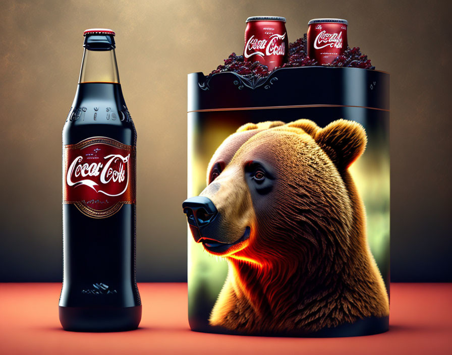 Detailed Coca-Cola ad: Bear face on can & bottle, warm background